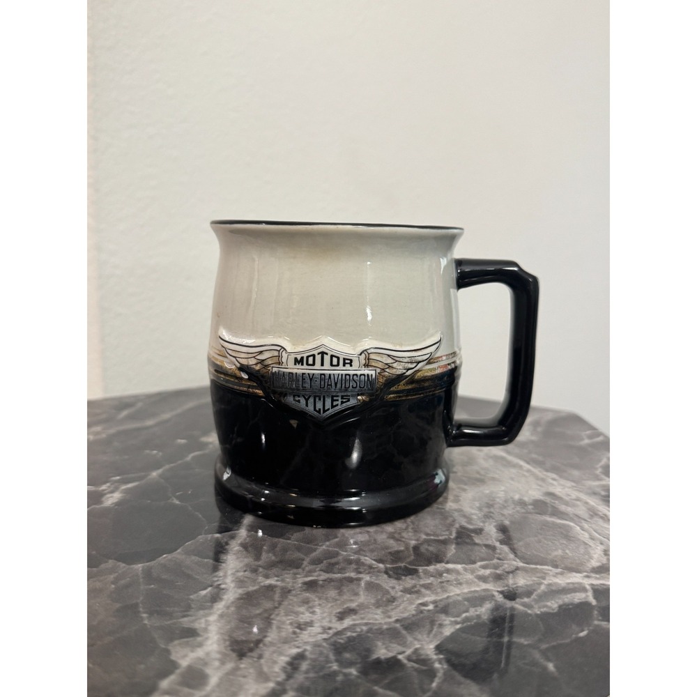 Vintage Harley-Davidson 16oz Coffee Mug Raised Wing Emblem Motorcycle Tan Black
